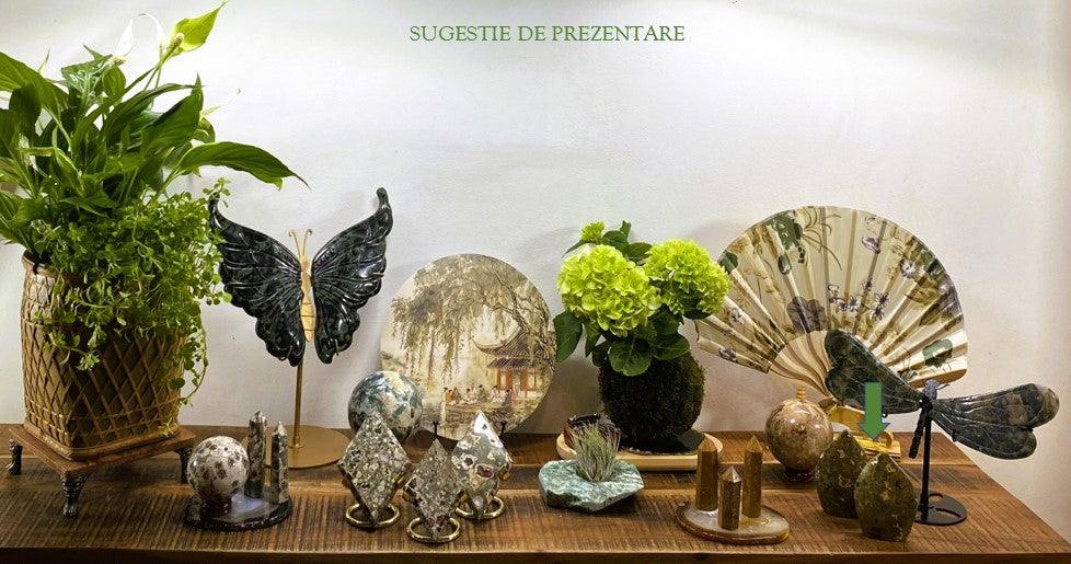 Set sculpturi pietre semipretioase din riolit expuse pe o masă decorativă cu plante și obiecte de artă.