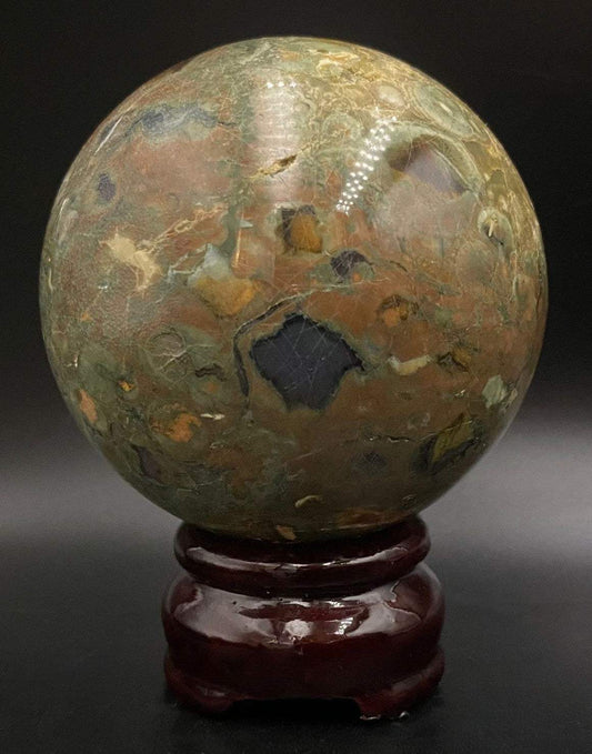 Riolit - Sfera semipretioasa naturala 6.8cm pe suport lemn