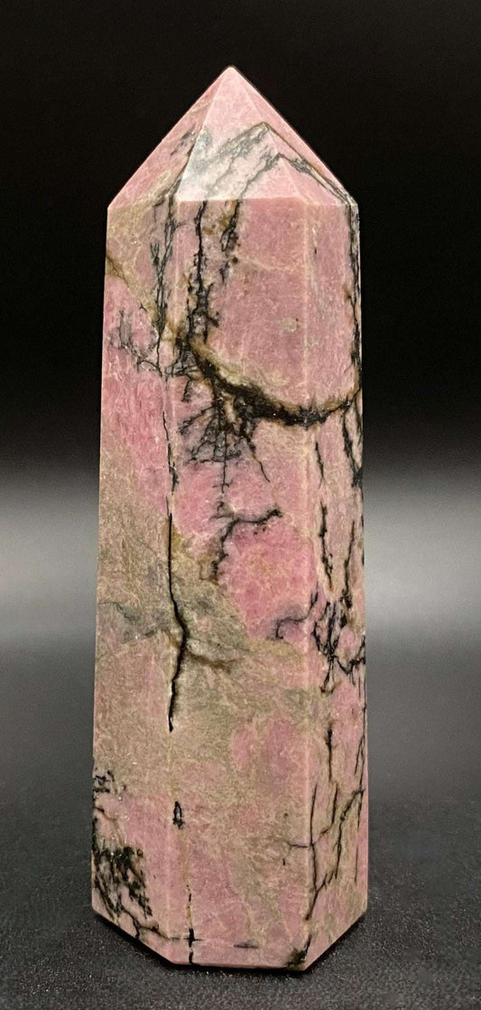 Rodonit obelisk semi-precious stone with pink and black patterns