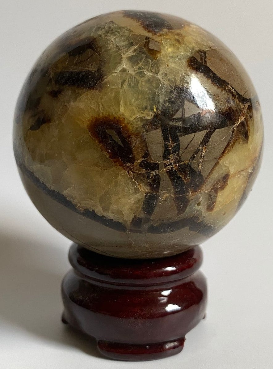 Sfera decorativa de 6.5cm din piatra semipretioasa de septaria pe suport din lemn cu fundal alb