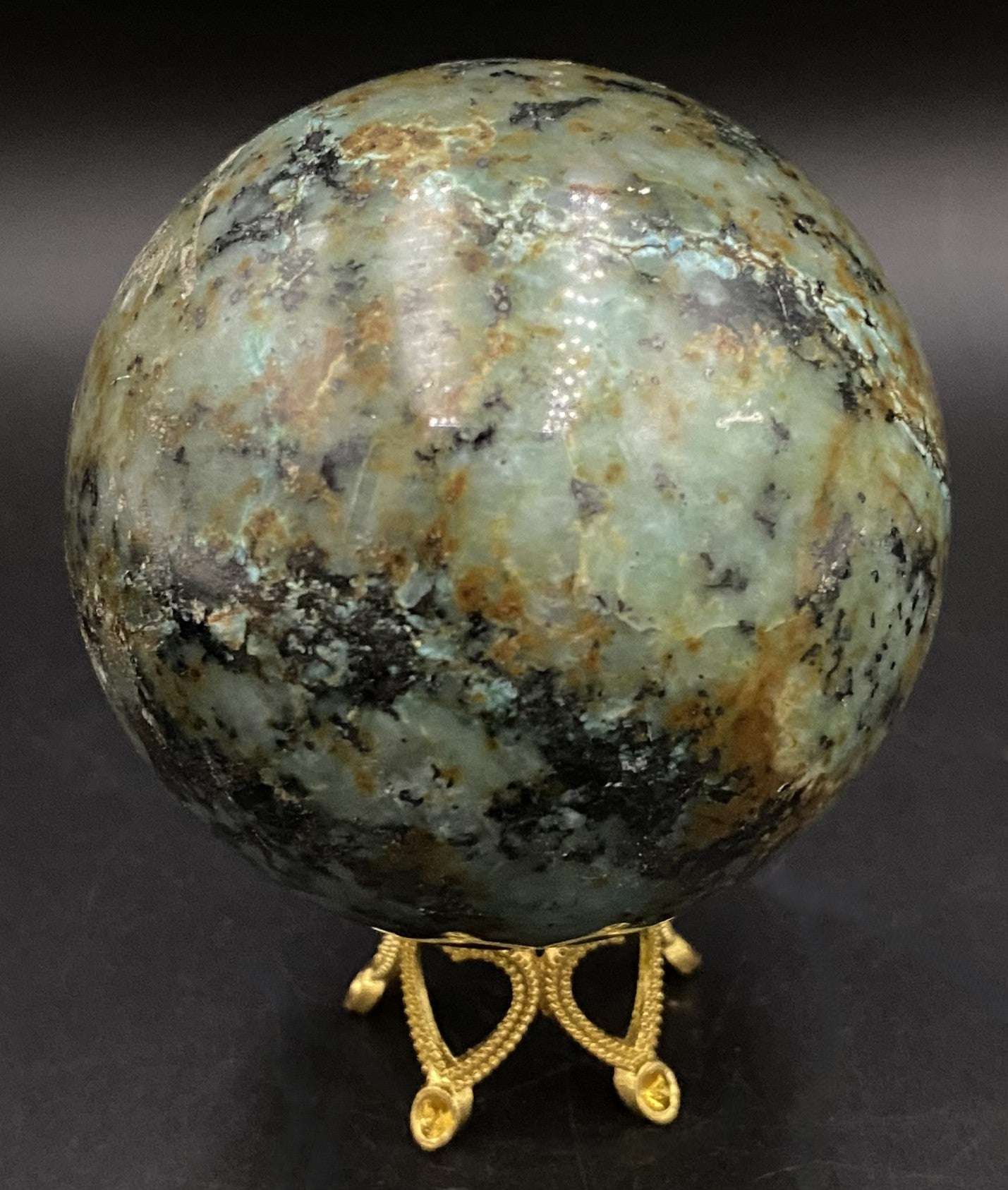 Sfera de turcoaz verde natural 5.7cm pe suport metalic auriu